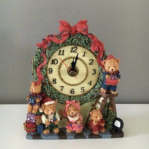 Christmas Teddy Bear Family Figurine Desktop Clock Battery Operated